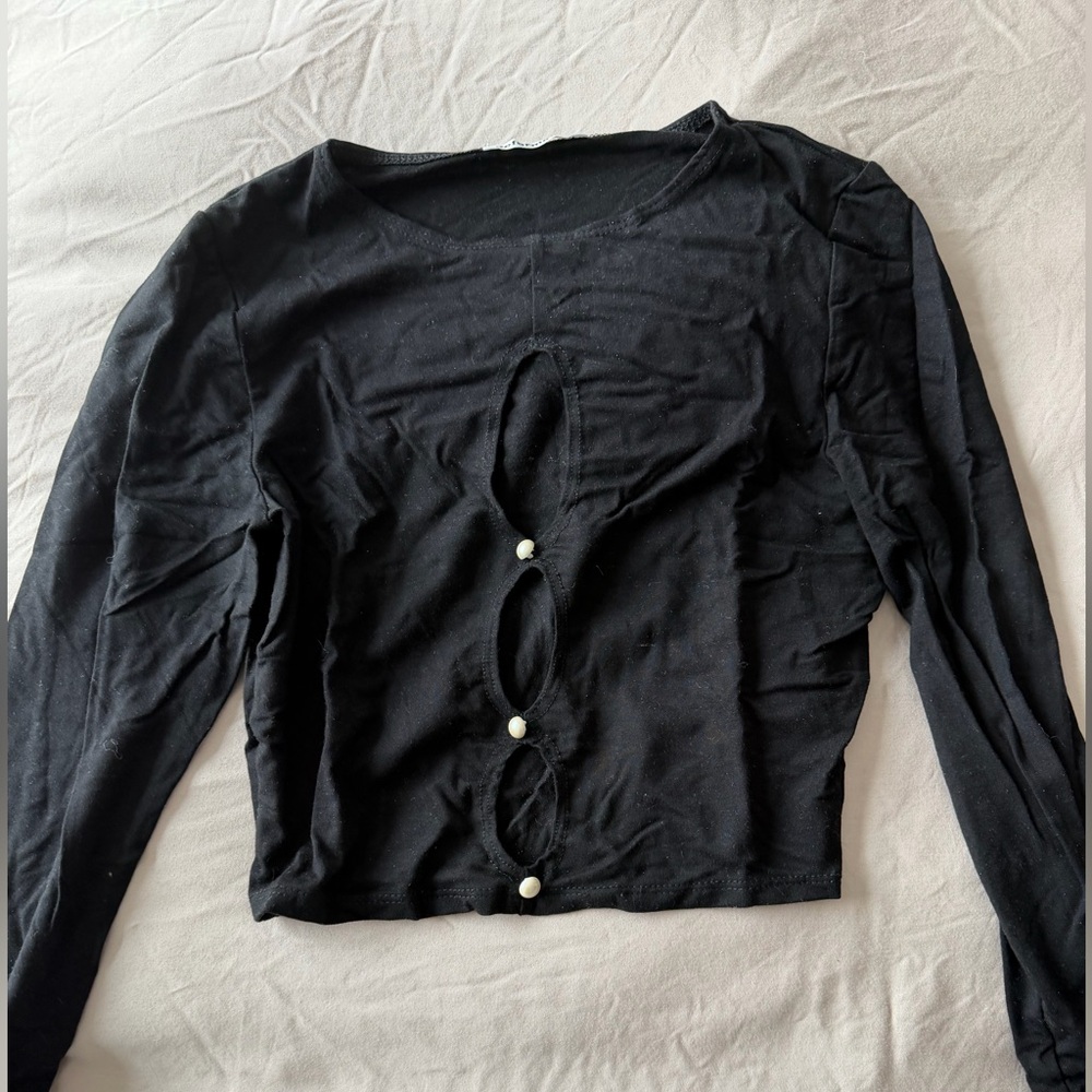Reformation Black Crop Top with Pearl Details